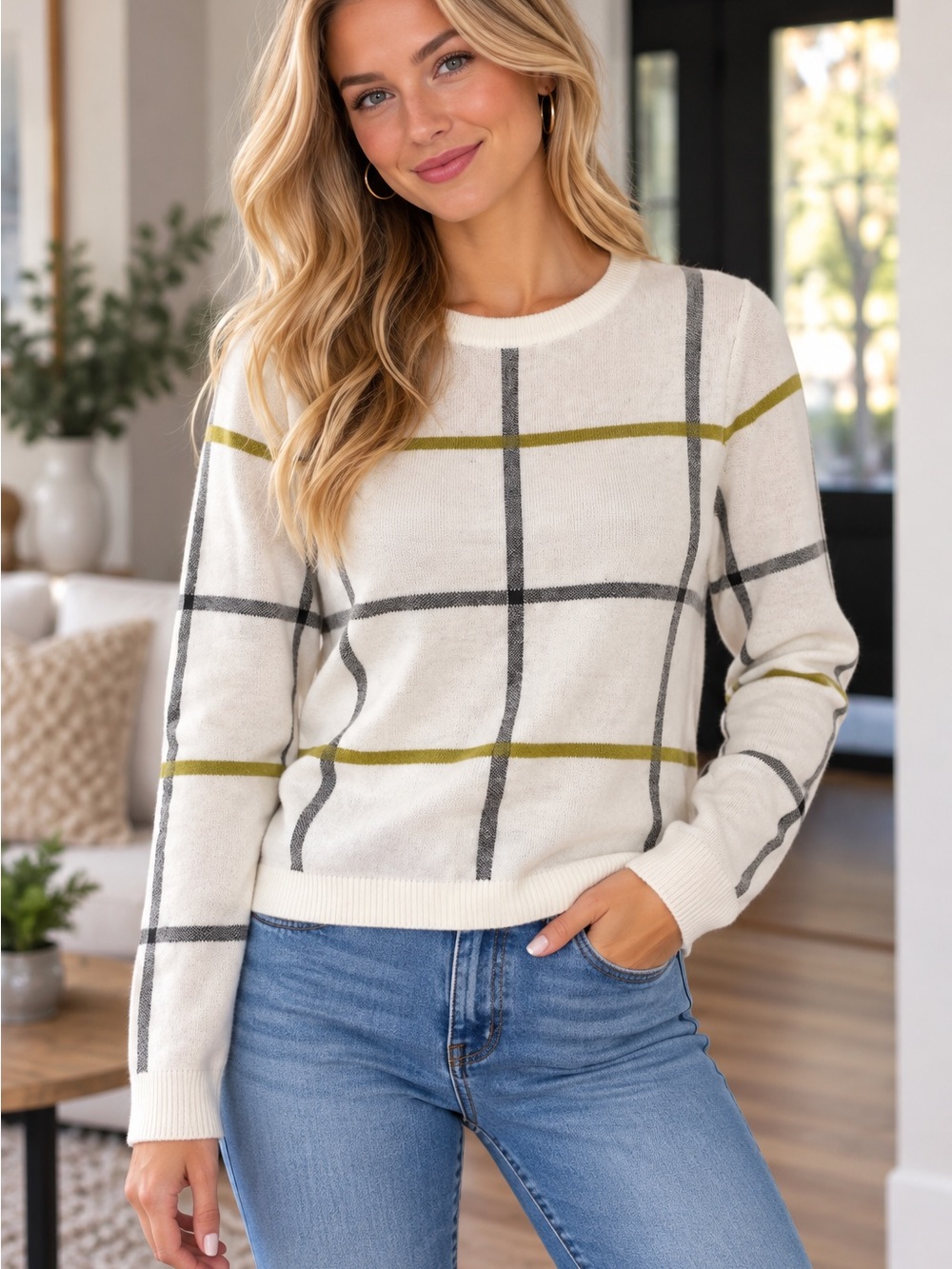 Adrienne Vittadini Cream Plaid Crewneck Sweater with Olive & Gray Lines